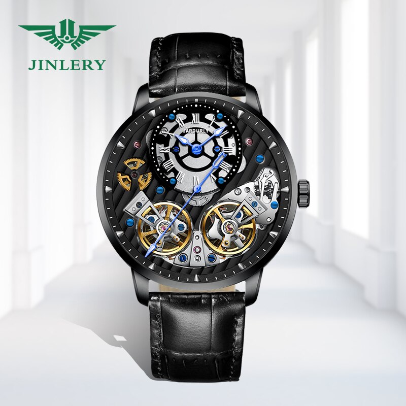 JINLERY-reloj mecánico automático para hombre, cronógrafo de pulsera de doble volante, de lujo, de cristal de zafiro, resistente al agua