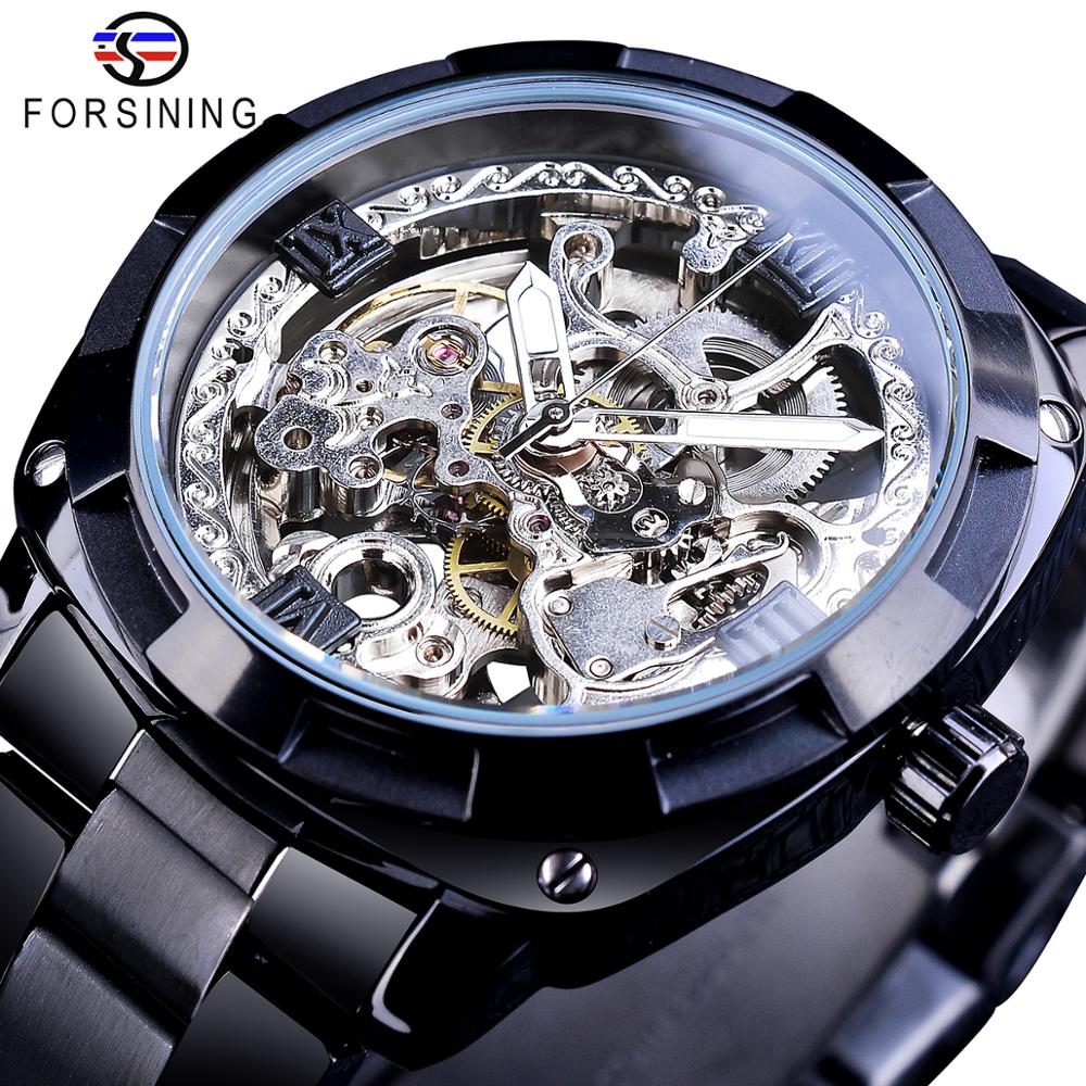 Forsining-relojes de plata con cierre plegable para hombre, relojes automáticos de Seguridad, de lujo, transparentes, manos luminosas
