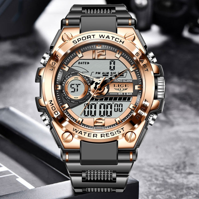 2023 LIGE Sport Men Quartz Digital Watch Creative Diving Watches Men Waterproof Alarm Watch Dual Display Clock Relogio Masculino