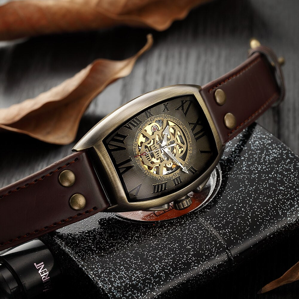 Geekthink Reloj Mecánico Automático Esqueleto Transparente para Hombres con Correa de Cuero Genuino, de Marca de Lujo, Auto Cuerda, Estilo Retro"