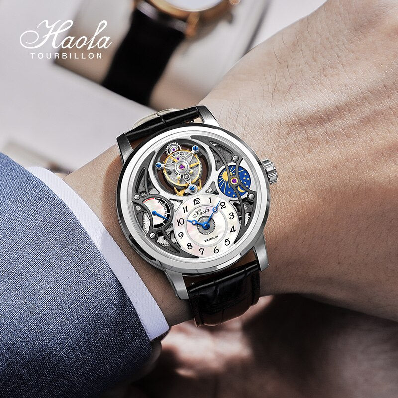 Haofa-Reloj de pulsera mecánico para hombre, cronógrafo con movimiento Tourbillon, esqueleto de zafiro, reserva de energía, 60H, Moonphase