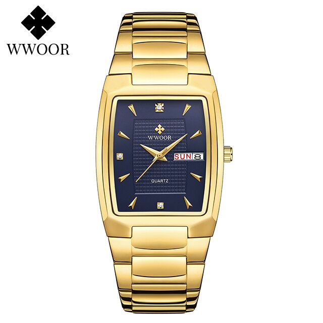 WWOOR ¡Presentamos el "Reloj Dorado de Lujo" para hombres con un nuevo diseño! Fabricado en acero inoxidable, es resistente al agua y cuenta con un calendario y mecanismo de cuarzo. ¡El complemento perfecto para cualquier ocasión! ⌚✨
