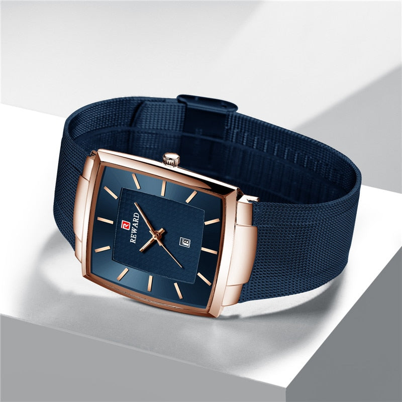REWARD Reloj de Hombre de Marca Superior 👔 Negocio Relogio Masculino ⌚ Cuadrado de Cuarzo Reloj de Hombre 👨 Pulsera de Acero Completo 💦 Resistente al Agua. Con caja de regalo