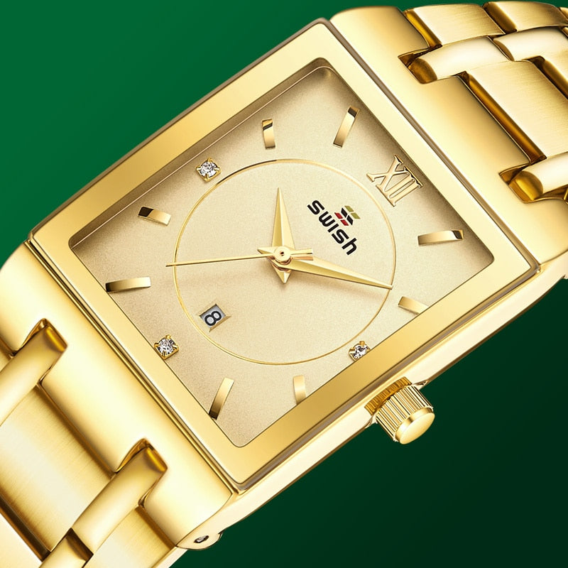 SWISH "Reloj de Pulsera de Lujo para Mujer, Elegante y Dorado. Moda de Reloj Cuadrado con Movimiento de Cuarzo. Reloj Femenino con Diamantes, de Marca Top de Lujo."