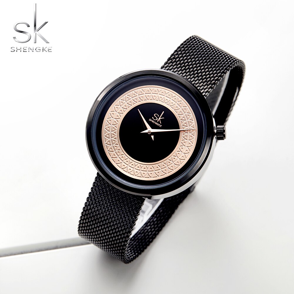Shengke Reloj femenino con diseño de malla de metal, moda, vintage y lujo. Reloj de diseño clásico para mujeres de la marca de lujo.