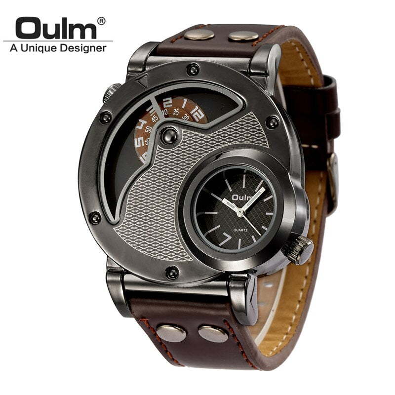 Oulm-reloj deportivo de lujo para hombre, cronógrafo de cuarzo con doble horario, de cuero, informal