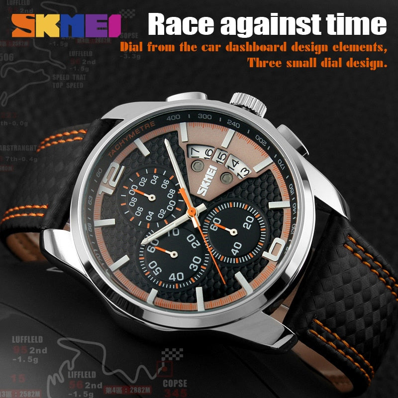 SKMEI Reloj Deportivo de Moda para Hombres, Marca de Lujo, Correa de Cuero, Resistente al Agua 5 Bar, Reloj de Pulsera de Cuarzo, Relogio Masculino 9106.