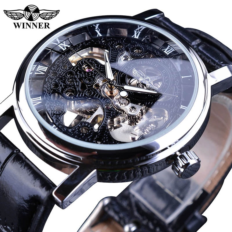 Winner ⌚ impresionante Reloj de Hombre con Caja Dorada Transparente, HERMOSA COLECCION Diseño Casual de Lujo y Correa de Cuero Marrón 🕶️ Reloj Mecánico Esqueleto de Marca Top de Lujo 🌟