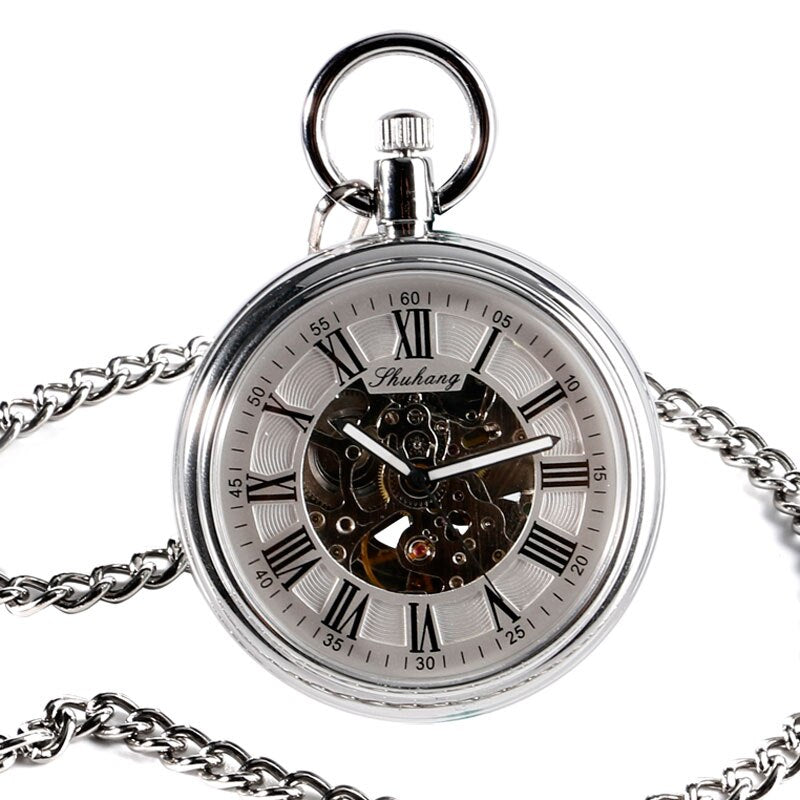 SHUHANG Nuevo reloj mecánico 2017 para hombres, automático, con carga automática, en color plateado, diseño sencillo, esfera abierta, cadena colgante con números romanos.