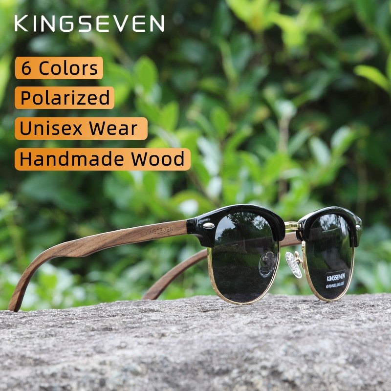KINGSEVEN 🌳🕶️ Gafas de sol polarizadas hechas a mano para hombre y mujer. Lentes de madera de nogal negro, protección UV400, sin montura, estilo retro para el 2023. 😎🌟