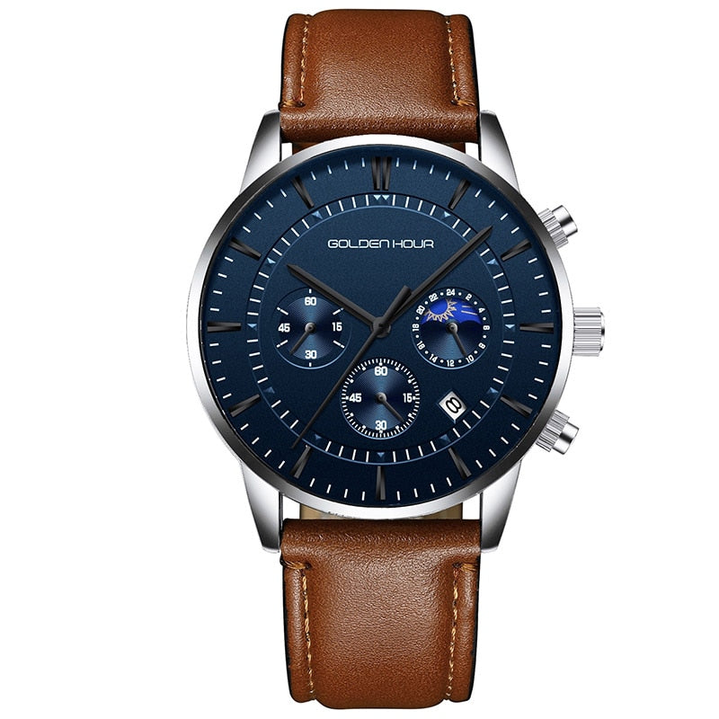 GOLDENHOUR-Reloj deportivo, cronógrafo cuarzo, de lujo, moda, cuero, resistente al agua