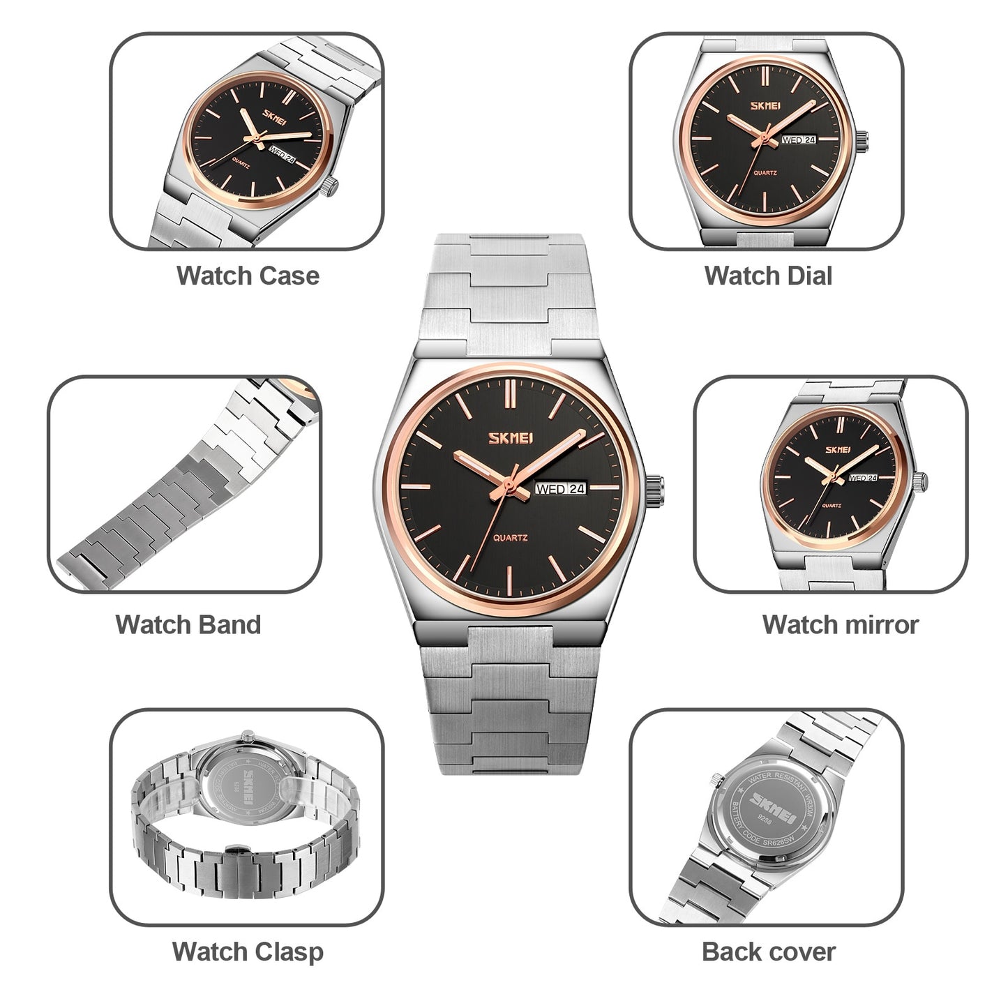 SKMEI Reloj deportivo para hombres SKMEI, estilo casual con movimiento de cuarzo, diseño de acero completo, muestra la hora, semana y fecha. Resistente al agua y adecuado para negocios y actividades deportivas. 👨💼⌚️💦