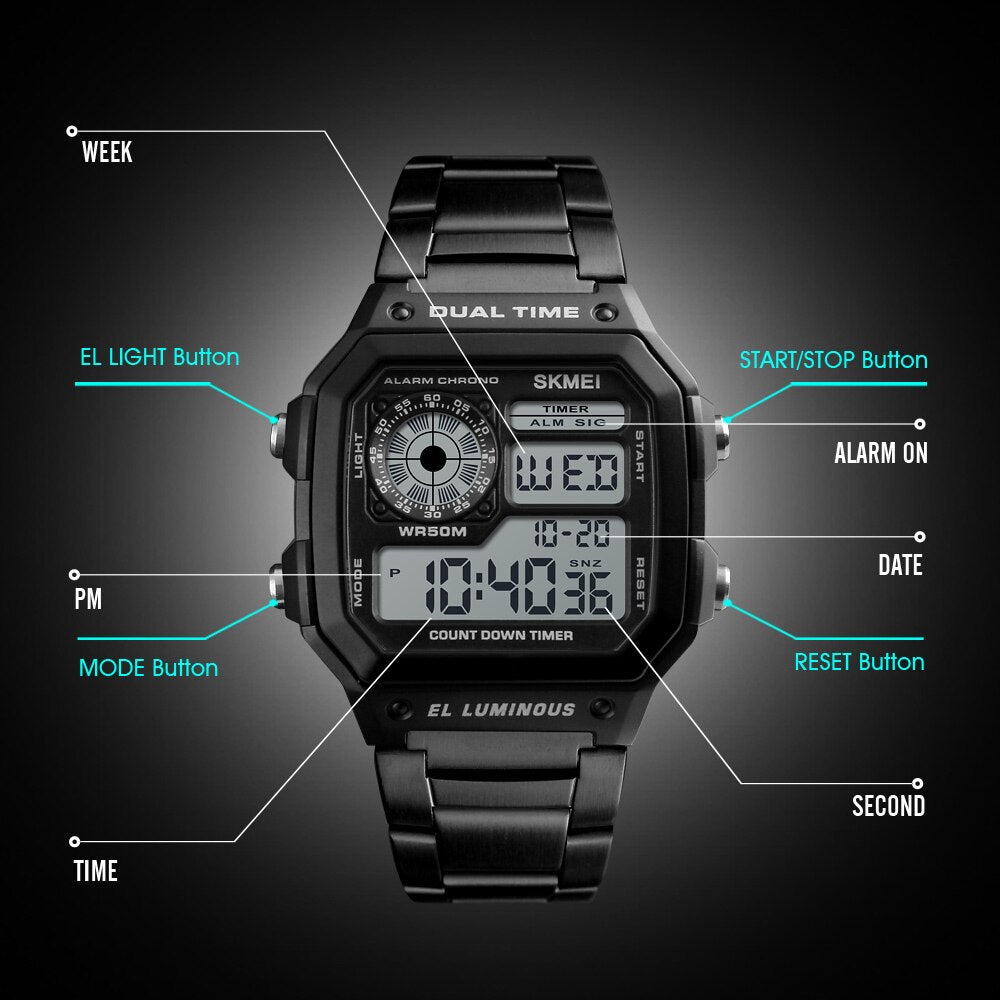SKMEI ¡Los "Relojes Deportivos SKMEI de Lujo Superior" con correa de acero inoxidable! Resistente al agua 5Bar, luz de fondo y funciones de cuenta regresiva y alarma. ¡Un reloj digital para hombres con estilo y funcionalidad! ⌚💦🔥