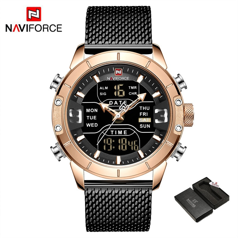 NAVIFORCE – reloj para hombres, cronógrafo de cuarzo, deportivo, militar, digital, LED, de acero inoxidable, masculino