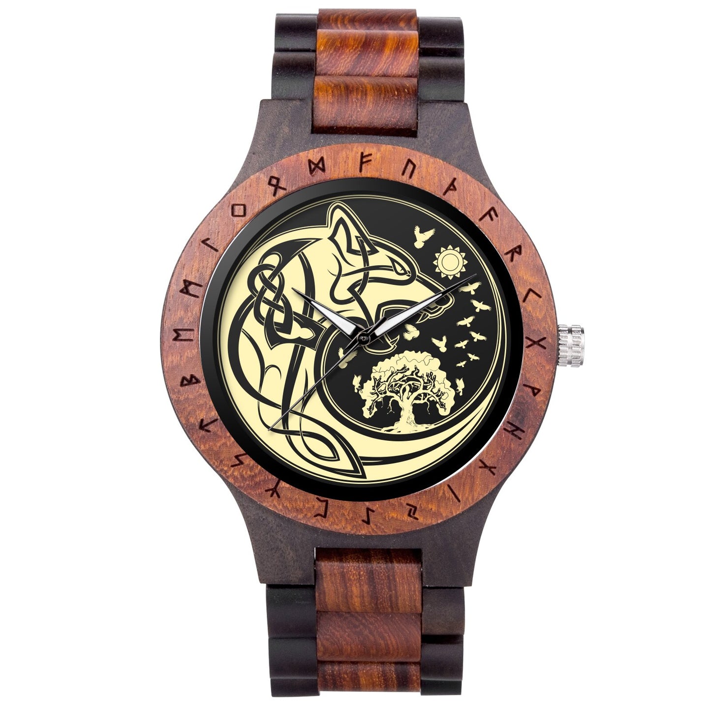 BOBO BIRD- COLECCION RUNA NORDICA Reloj de pulsera de madera para hombre, cronógrafo de cuarzo con círculo rúnico, timón dorado, Vegvisir, a la moda, gran caja de regalo