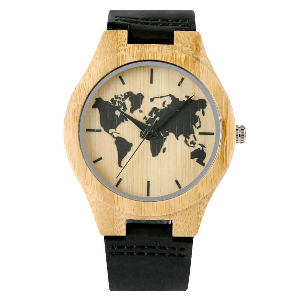 🌍 Reloj de Madera con Mapa Mundial Tallado para Hombres 🕰️, Reloj de Moda de Madera de Bambú 🎋, Reloj de Pulsera de Cuarzo Retro con Correa de Cuero Marrón 🏞️, Esfera con Escala de Reloj ⏱️.