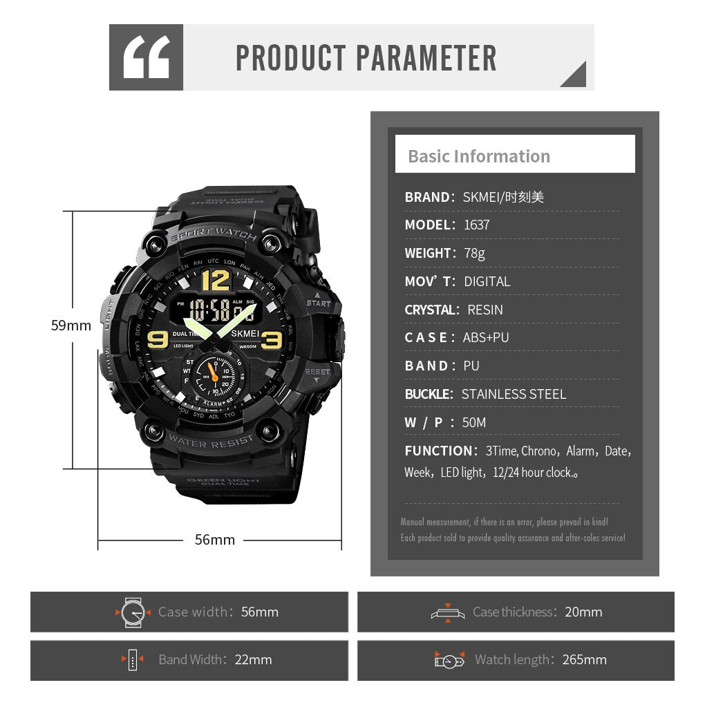 SKMEI Reloj digital multifuncional SKMEI para hombres con doble movimiento, que muestra 3 zonas horarias. Resistente al agua y perfecto para actividades deportivas. ¡Mantente siempre a tiempo con este reloj electrónico! ⌚️🏃♂️💦