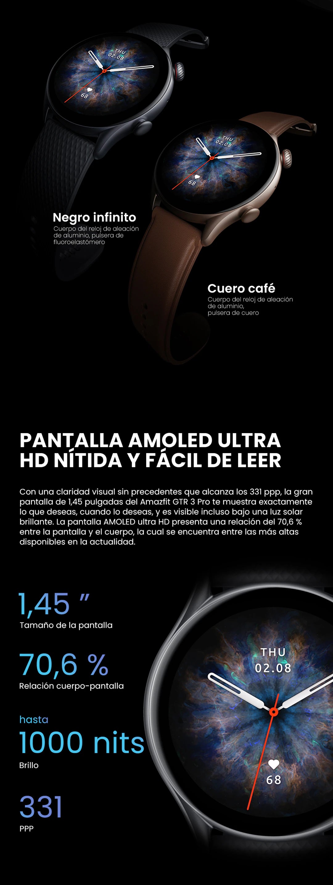 Amazfit GTR 3 Pro! Este elegante reloj inteligente cuenta con una pantalla AMOLED de 1,45 pulgadas, Alexa integrada y GPS con Zepp OS para Android e iOS. ¡Descubre todas sus funciones avanzadas y mantente conectado en estilo! ⌚️🚀📱