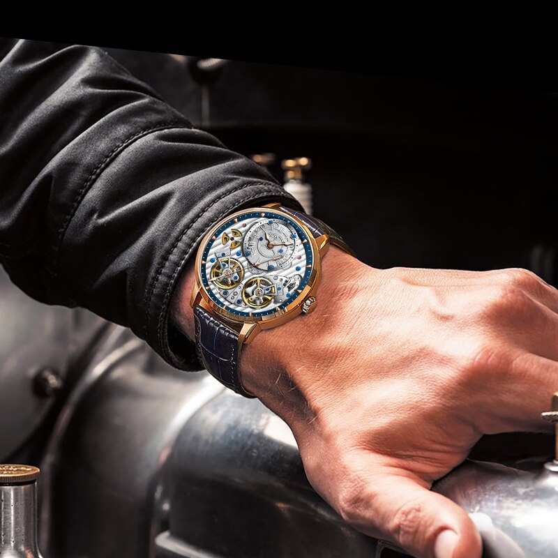JINLERY-reloj mecánico automático para hombre, cronógrafo de pulsera de doble volante, de lujo, de cristal de zafiro, resistente al agua