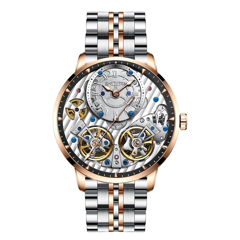 JINLERY-reloj mecánico automático para hombre, cronógrafo de pulsera de doble volante, de lujo, de cristal de zafiro, resistente al agua