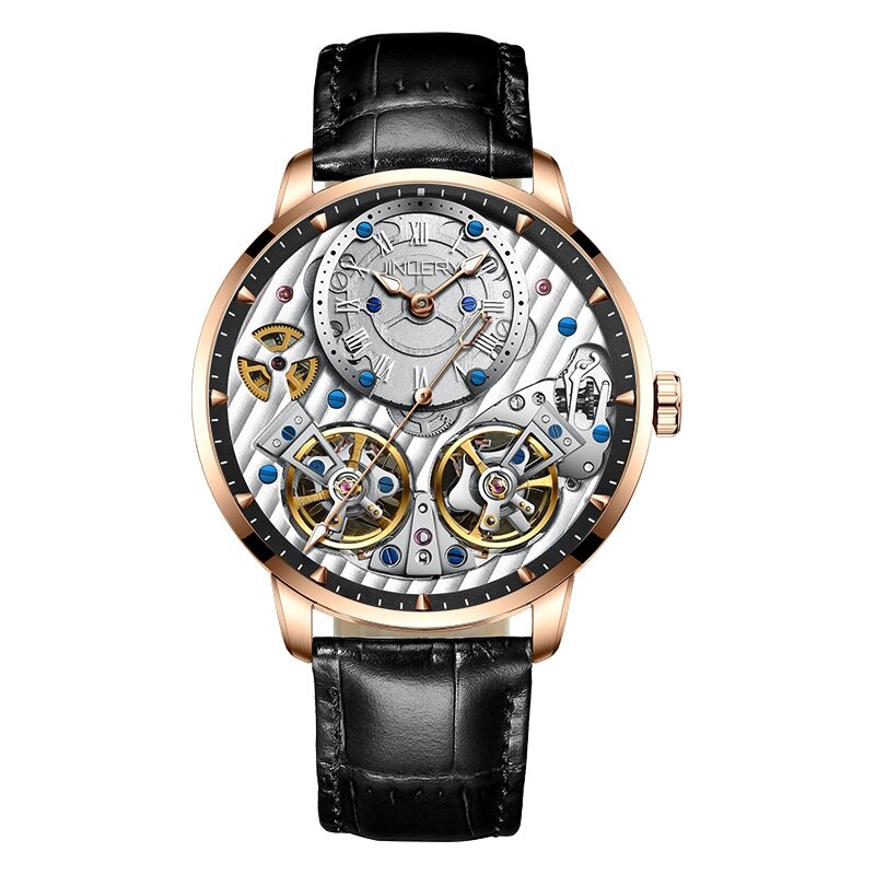 JINLERY-reloj mecánico automático para hombre, cronógrafo de pulsera de doble volante, de lujo, de cristal de zafiro, resistente al agua