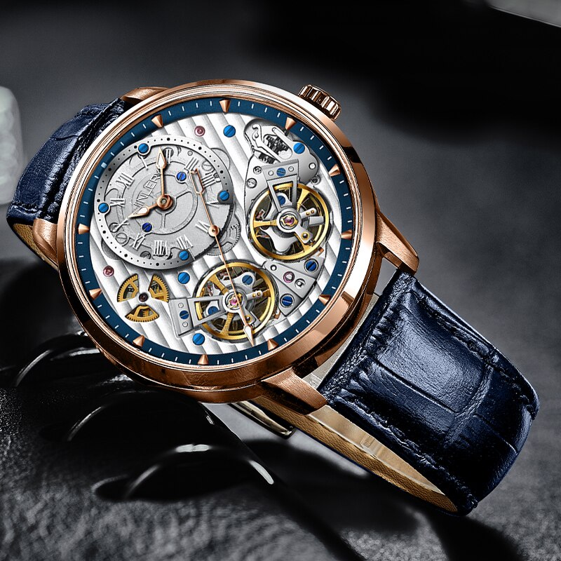 JINLERY-reloj mecánico automático para hombre, cronógrafo de pulsera de doble volante, de lujo, de cristal de zafiro, resistente al agua
