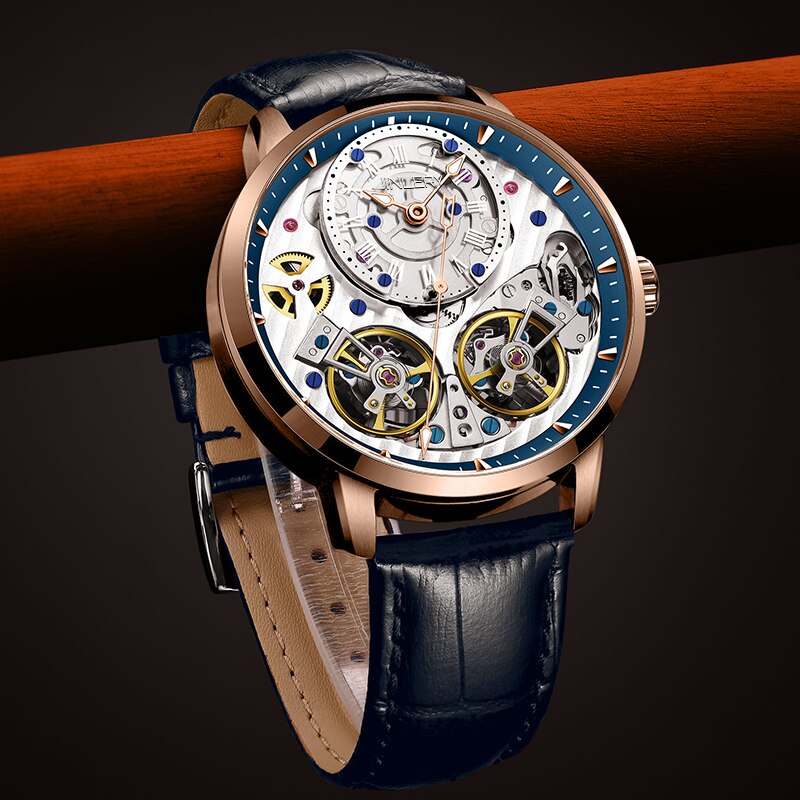 JINLERY-reloj mecánico automático para hombre, cronógrafo de pulsera de doble volante, de lujo, de cristal de zafiro, resistente al agua