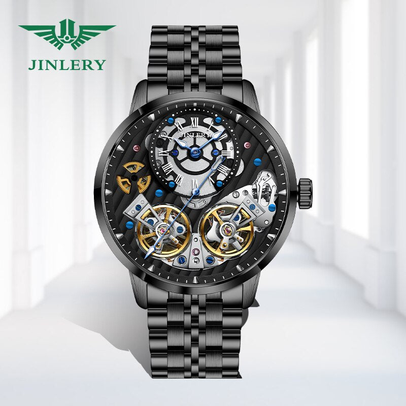 JINLERY-reloj mecánico automático para hombre, cronógrafo de pulsera de doble volante, de lujo, de cristal de zafiro, resistente al agua