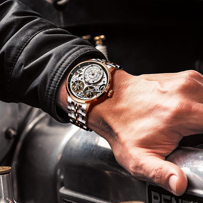 JINLERY Reloj de pulsera automtico para hombre crongrafo mecnico de lujo con doble volante a la moda MasculinoRelojes mecnicos -