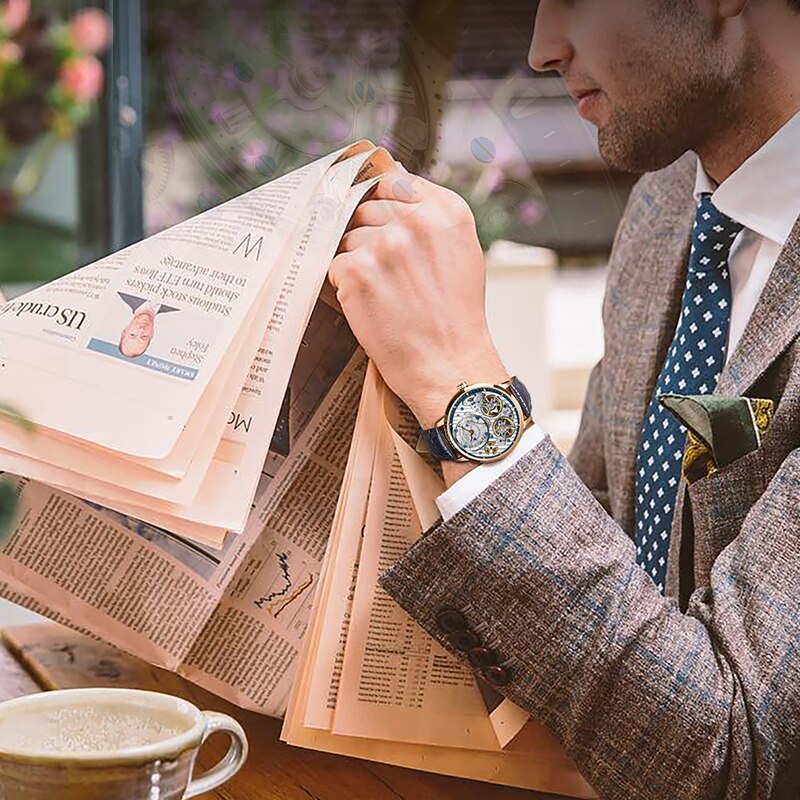 JINLERY-reloj mecánico automático para hombre, cronógrafo de pulsera de doble volante, de lujo, de cristal de zafiro, resistente al agua