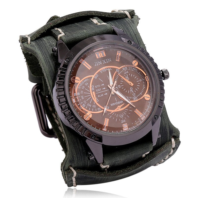 Relojes lujo hombres: cuarzo, dial grande, ver amplia, pulsera cuero, punk, deportiva, regalo.
