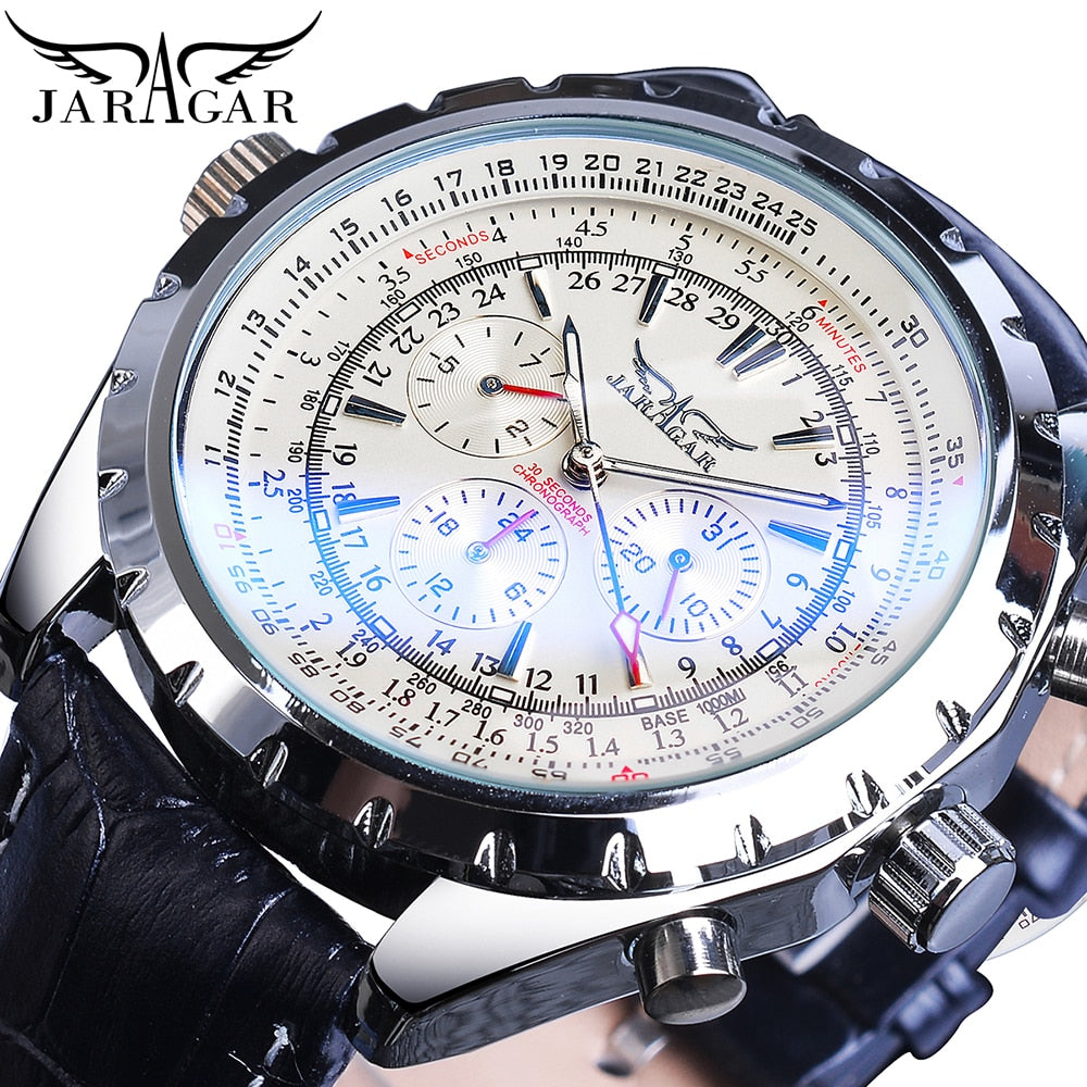 Jaragar Reloj Mecánico Automático con Calendario Deportivo Diseño de Piloto Reloj de Pulsera para Hombres Marca de Lujo Top Moda Cuero Masculino 👨‍✈️