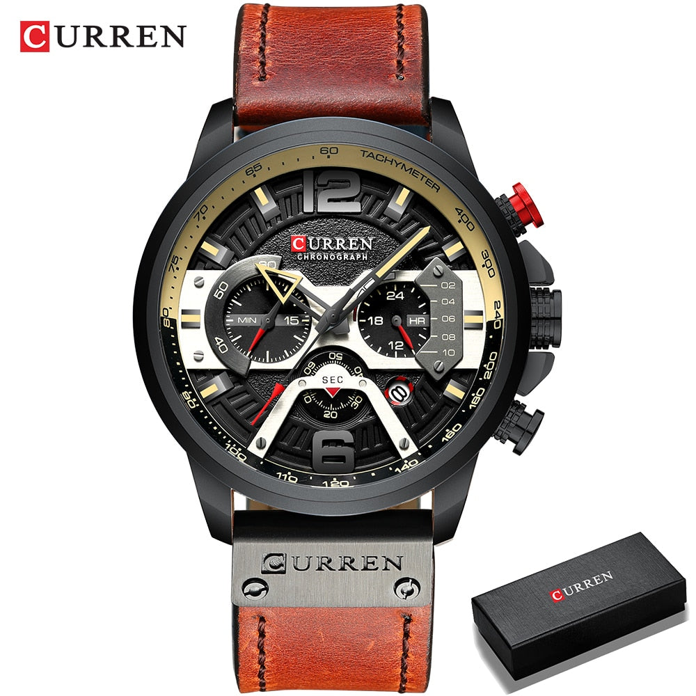 CURREN-relojes para hombre, con estilo informal y militar de lujo, cuenta con un cronógrafo de moda con correa de cuero. Con Caja ideal para regalar.