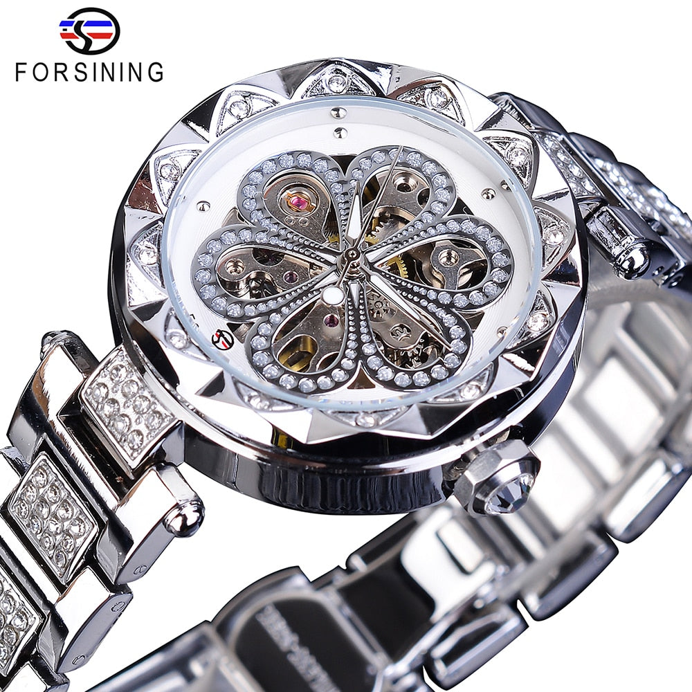 Forsining Reloj mujer, cronógrafo mecánico, resistente al agua, con diamantes y luminoso.