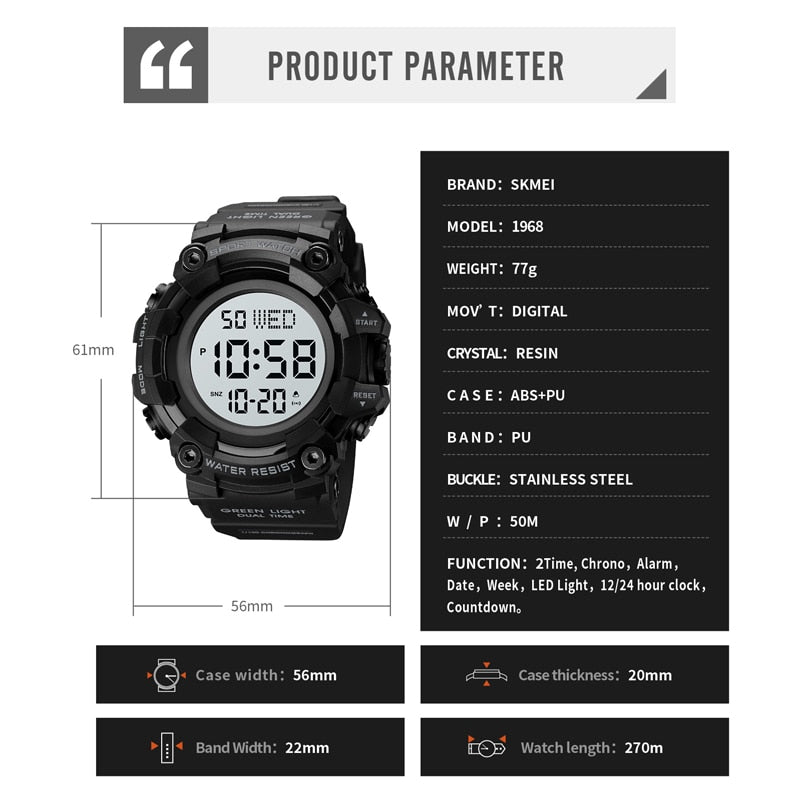 SKMEI Reloj Electrónico de Lujo SKMEI con Doble Hora, Moda Exterior, Cuenta Regresiva, Cronómetro y Reloj Digital para Hombres. Marca Original SKMEI. ⌚️🏆