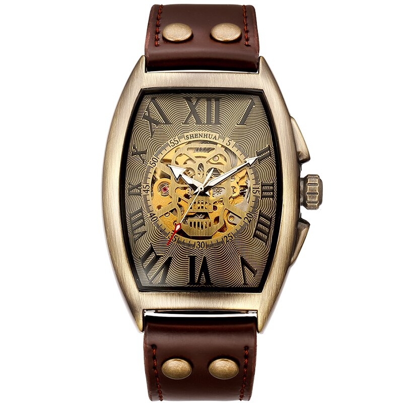 Geekthink Reloj Mecánico Automático Esqueleto Transparente para Hombres con Correa de Cuero Genuino, de Marca de Lujo, Auto Cuerda, Estilo Retro"