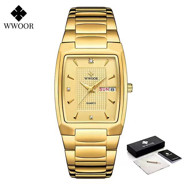 WWOOR ¡Presentamos el "Reloj Dorado de Lujo" para hombres con un nuevo diseño! Fabricado en acero inoxidable, es resistente al agua y cuenta con un calendario y mecanismo de cuarzo. ¡El complemento perfecto para cualquier ocasión! ⌚✨