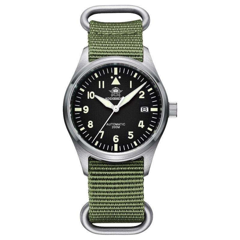 Addies Reloj de buceo mecánico para hombre, pulsera de cuero con cristal de zafiro, reloj de piloto de negocios, NH35, automático, resistente al agua hasta 200M