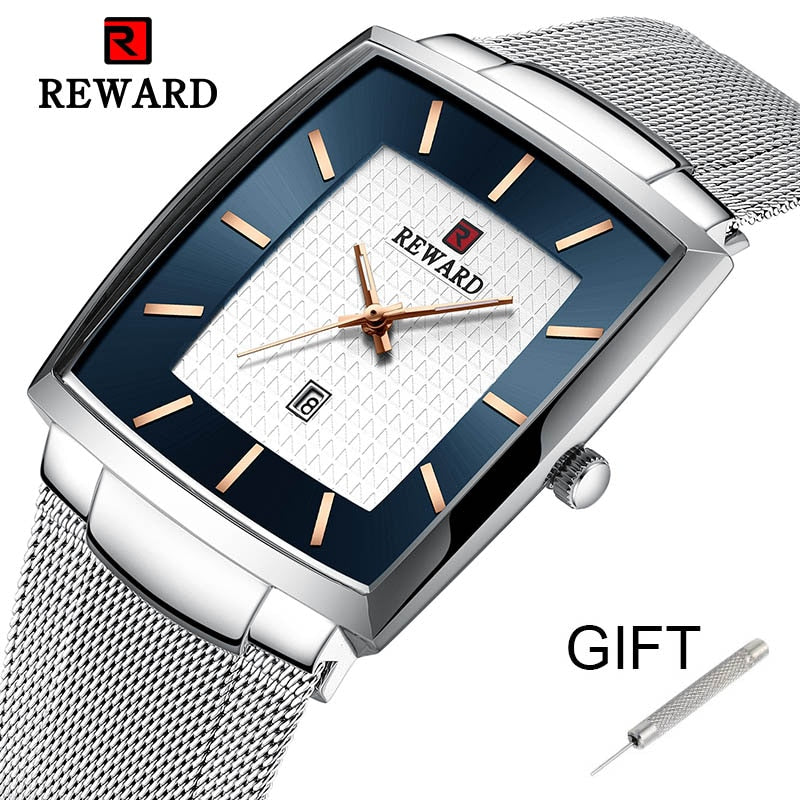 REWARD Reloj de Hombre de Marca Superior 👔 Negocio Relogio Masculino ⌚ Cuadrado de Cuarzo Reloj de Hombre 👨 Pulsera de Acero Completo 💦 Resistente al Agua. Con caja de regalo