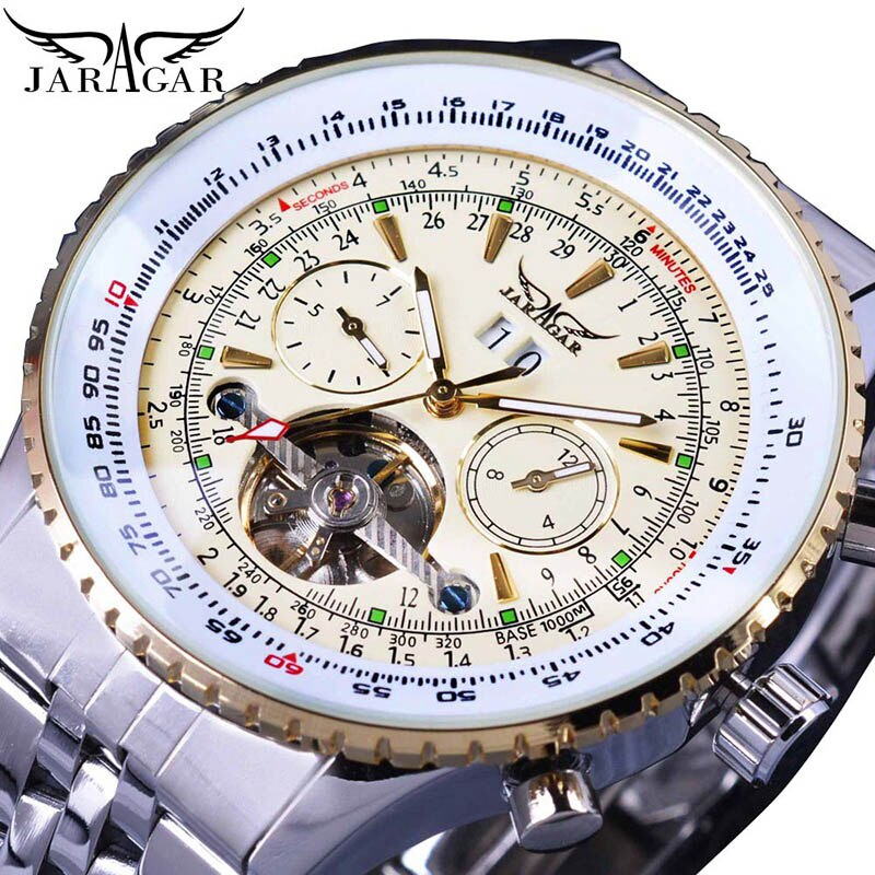 Jaragar 2017 – reloj con esfera dorada con bisel dorado para hombres, diseño de esfera de acero inoxidable, mecánico, automático, masculino