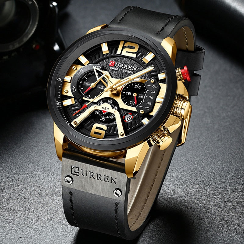 CURREN-relojes para hombre, con estilo informal y militar de lujo, cuenta con un cronógrafo de moda con correa de cuero. Con Caja ideal para regalar.