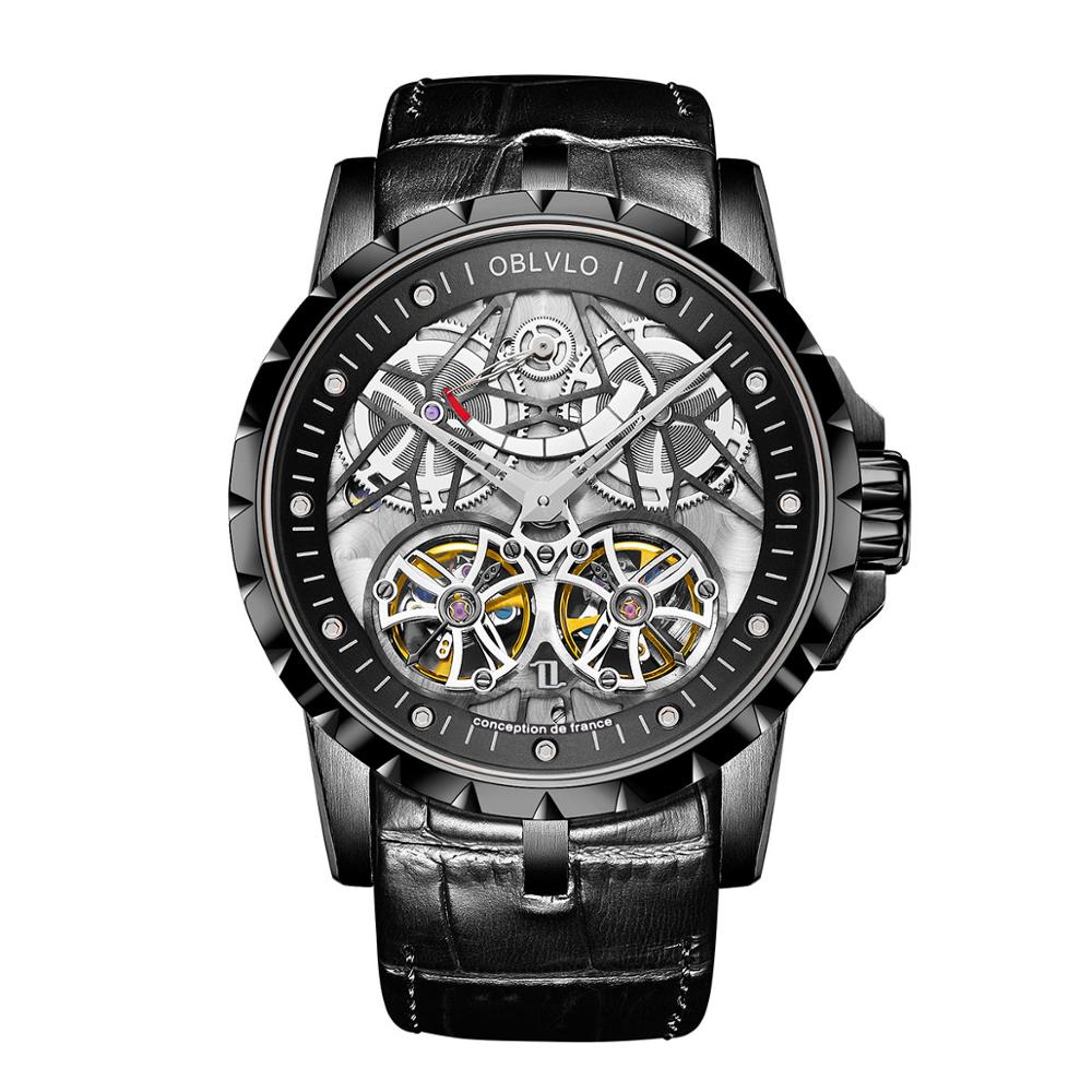 OBLVLO lujo transparente hueco esqueleto relojes automáticos para hombres deporte mecánico doble volante piel de becerro cuero zafiro