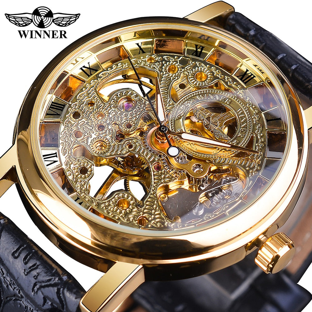 Winner ⌚  impresionante Reloj de Hombre con Caja Dorada Transparente, HERMOSA COLECCION Diseño Casual de Lujo y Correa de Cuero Marrón 🕶️ Reloj Mecánico Esqueleto de Marca Top de Lujo 🌟