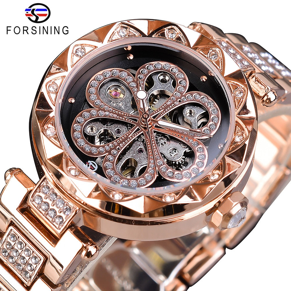 Forsining Reloj mujer, cronógrafo mecánico, resistente al agua, con diamantes y luminoso.