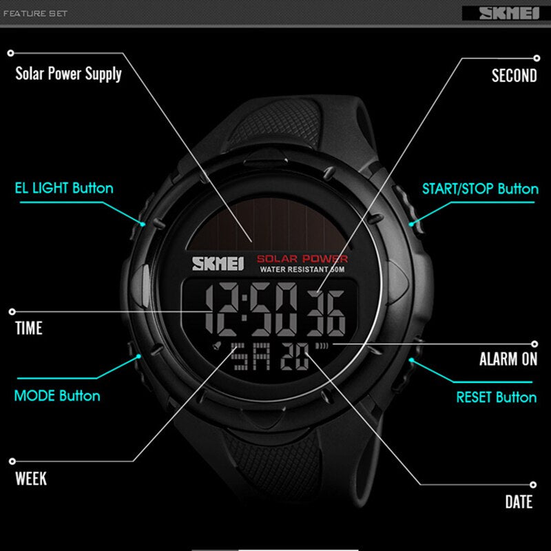 SKMEI Reloj deportivo para hombres SKMEI con energía solar, resistente al agua y con pantalla digital LED. Reloj de lujo de marca electrónica para hombres. Relogio Masculino.