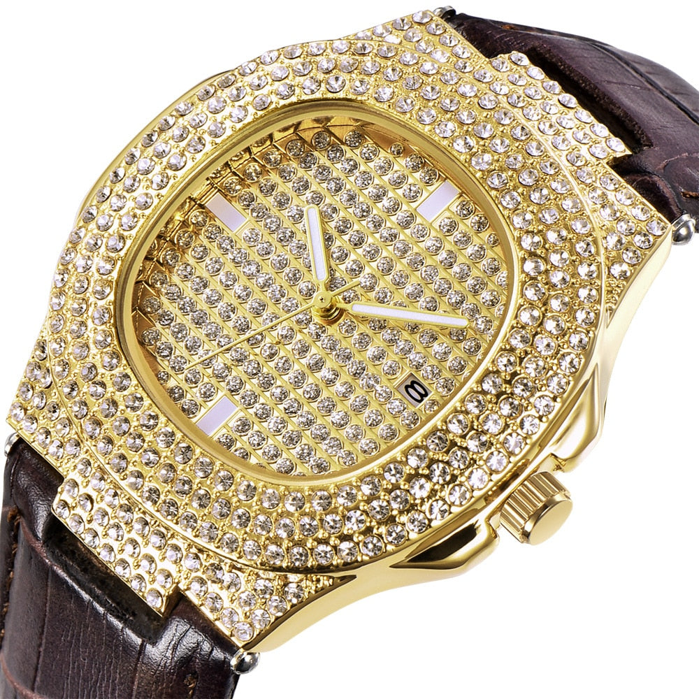 TOPGRILLZ con Incrustaciones en Cuadrante de Color Dorado, Estilo HIP HOP, Cuarzo y Acero Inoxidable con Micropave CZ. Reloj de Moda Relojio."