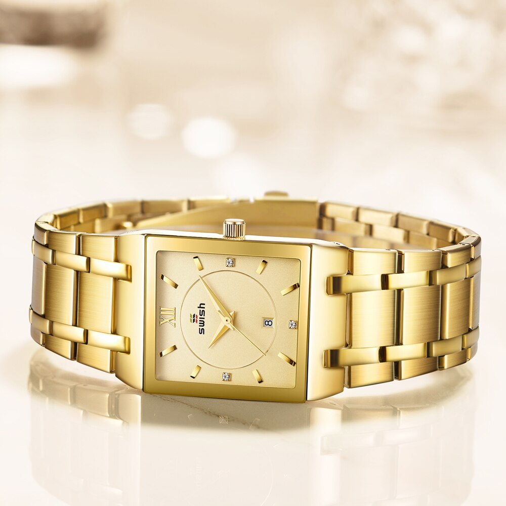 SWISH "Reloj de Pulsera de Lujo para Mujer, Elegante y Dorado. Moda de Reloj Cuadrado con Movimiento de Cuarzo. Reloj Femenino con Diamantes, de Marca Top de Lujo."
