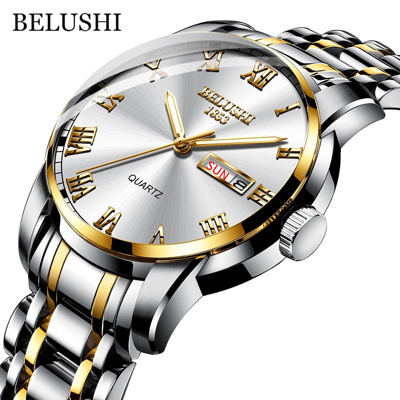BELUSHI-Reloj de pulsera de cuarzo deportivo para hombre, cronógrafo de acero inoxidable con fecha, luminoso, resistente al agua, de lujo