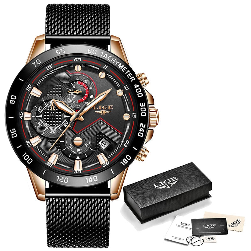 LIGE - 🕰️⌚💪 Reloj deportivo de lujo para hombres 💙💣👨  Cronógrafo de cuarzo y acero inoxidable ⏱️🔧💎  Color azul, estilo militar, a la moda 💙🎖️👨‍✈️  Resistente al agua 💧💦🌊