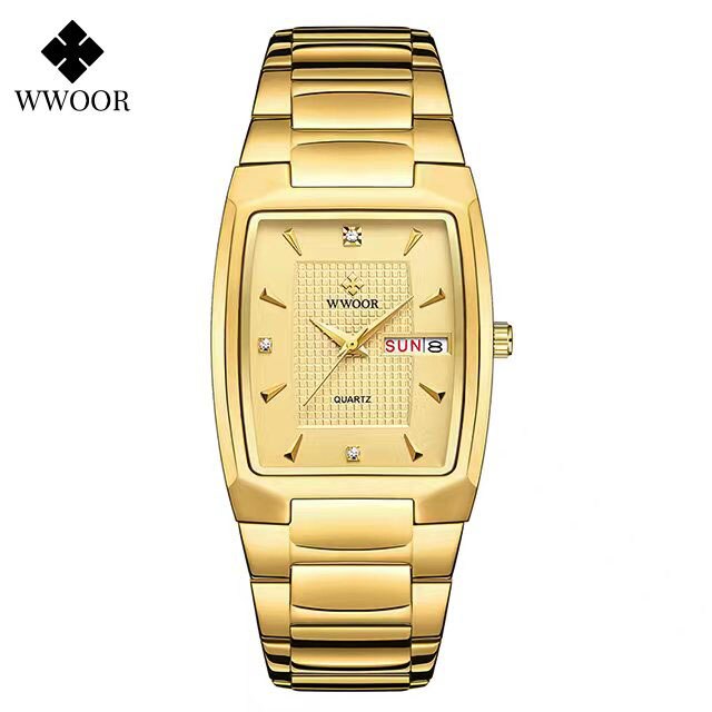 WWOOR ¡Presentamos el "Reloj Dorado de Lujo" para hombres con un nuevo diseño! Fabricado en acero inoxidable, es resistente al agua y cuenta con un calendario y mecanismo de cuarzo. ¡El complemento perfecto para cualquier ocasión! ⌚✨